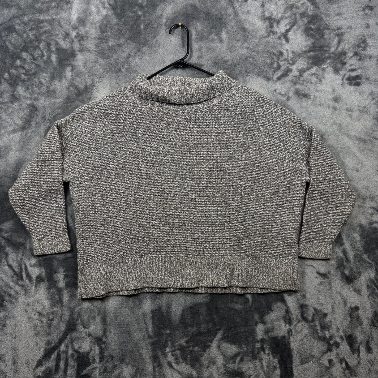 Eileen Fisher Mock Neck Sweater Womens L Grey Marl Knit Boxy Long Sleeve